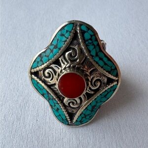 Vintage Tibetan Ring Turquoise Coral Lapis Inlay Handmade Tribal Large